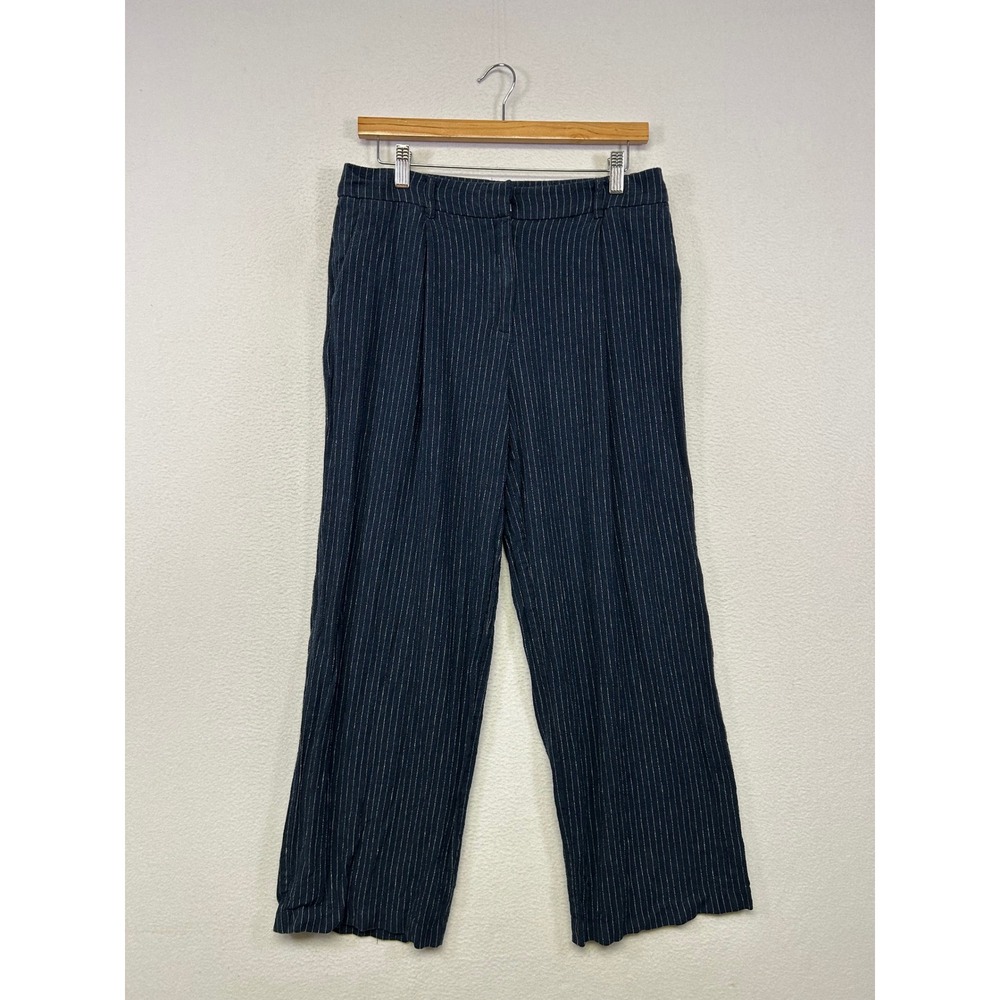 Dark Academia Rachel Zoe Womens 6 Navy Blue Pinstripe Linen Blend Wide Leg Pants
